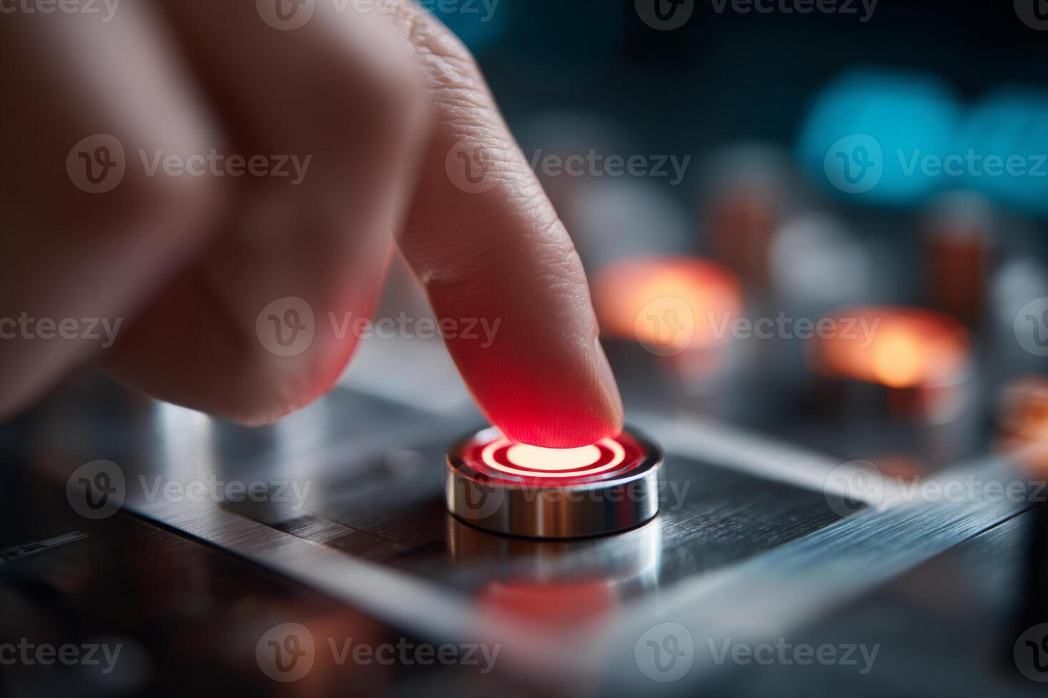 A finger gently presses a bright red button on a sleek control panel in a music studio. The atmosphere is creative, illuminated by the soft glow of lights and buttons photo
