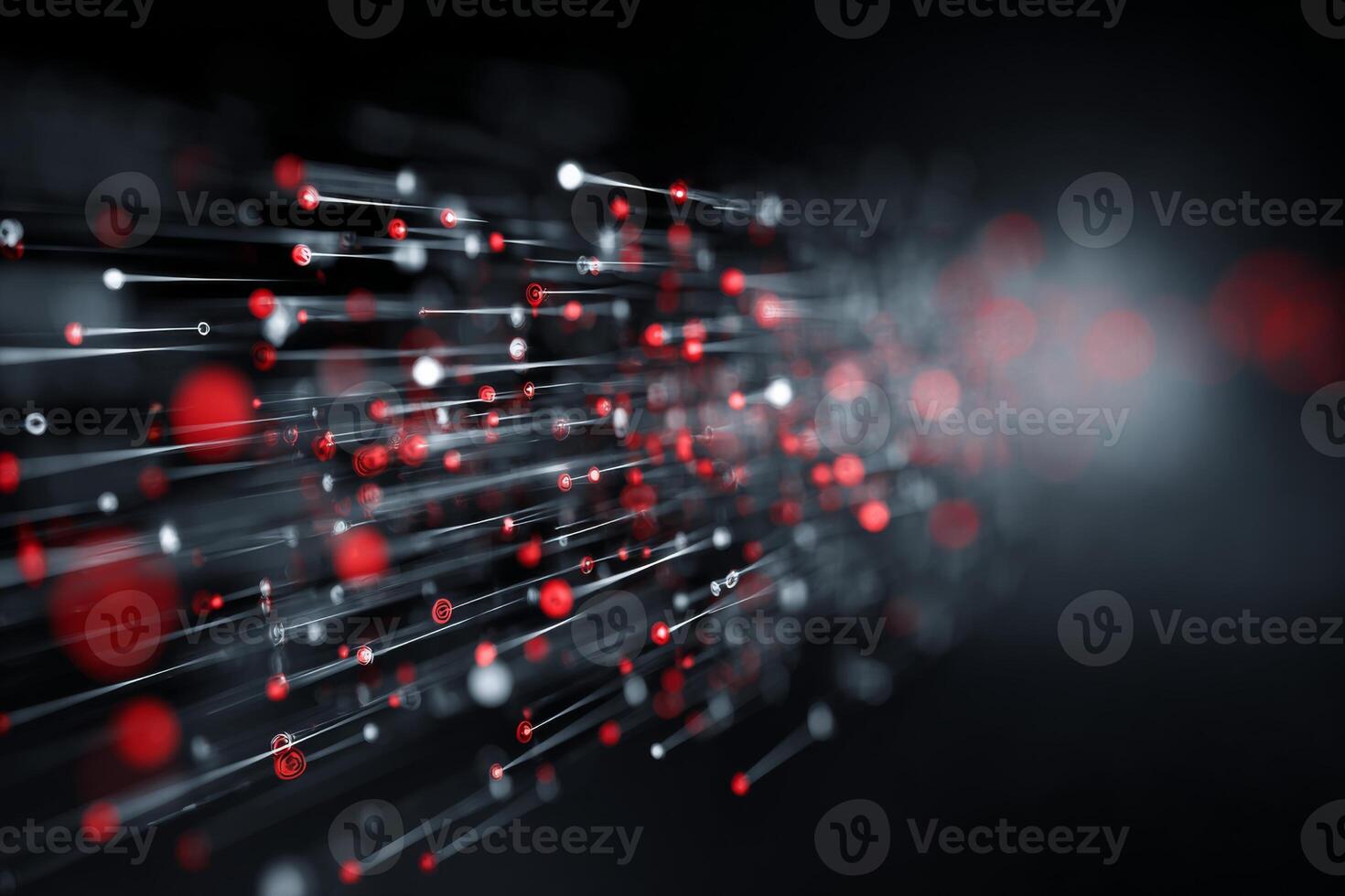 Red and white particles are dispersed across a dark background, creating a dynamic sense of movement and depth, evoking a futuristic atmosphere and technology theme photo