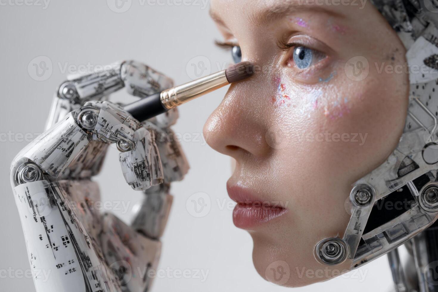 A humanoid robot is using a makeup brush to apply eyeshadow with precision. The setting showcases a blend of technology and beauty artistry in a clean, well-lit studio photo