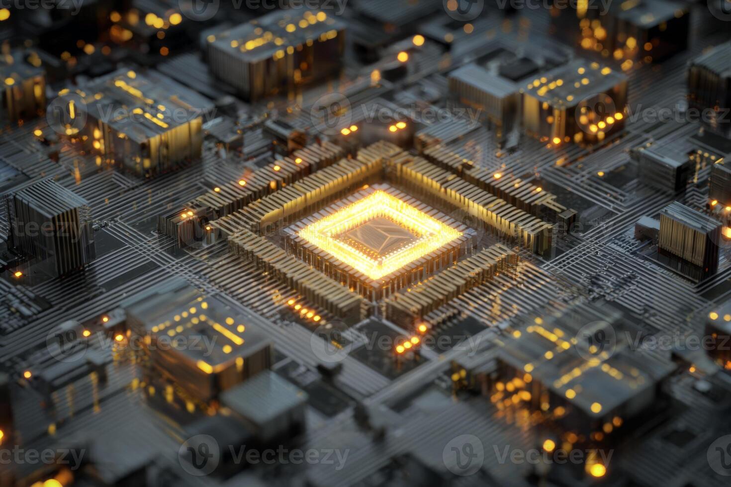 A detailed close-up reveals a microchip featuring glowing circuits and complex structures. The setting emphasizes cutting-edge technology and innovation in computing at night photo