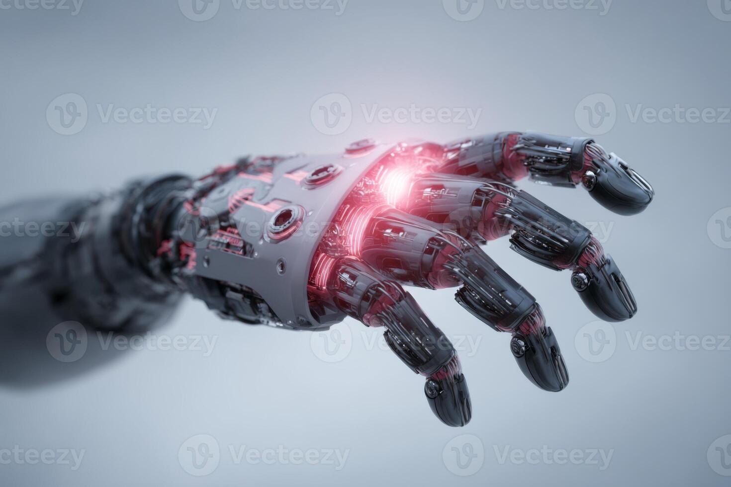 A detailed robotic hand featuring intricate mechanisms and glowing components demonstrates cutting-edge technology. The design highlights innovation and the integration of robotics into everyday life photo