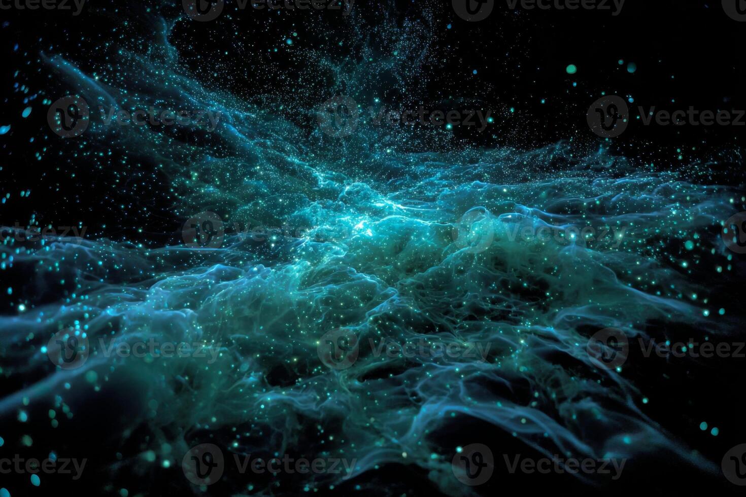 Bright, swirling patterns of blue and green light flow and mix in a dark background, creating an enchanting visual effect. The vibrant colors evoke a sense of motion and depth photo