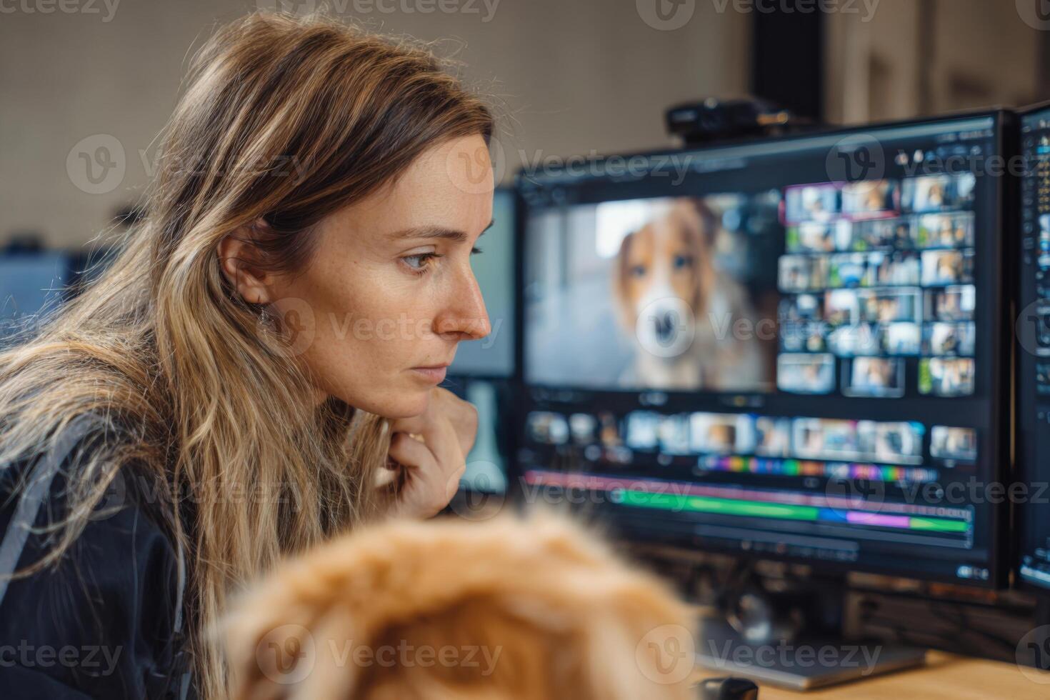 A focused creative professional is editing videos of dogs on a computer in a contemporary workspace. The environment features multiple screens with clips and images of various dogs photo