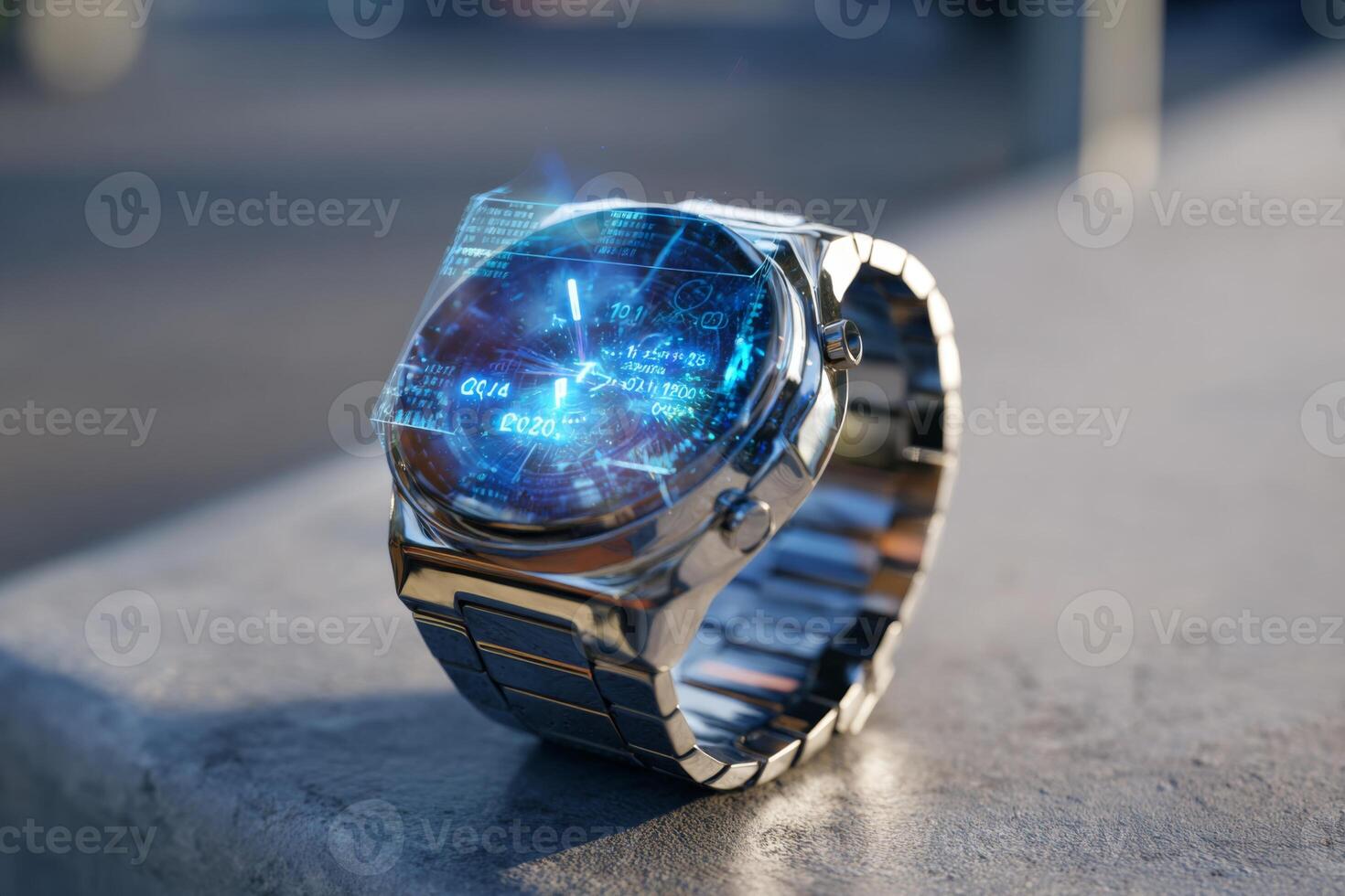 A sleek smartwatch rests on a table, featuring a vibrant holographic display that illustrates time and digital elements. Sunlight enhances its futuristic design, capturing attention photo