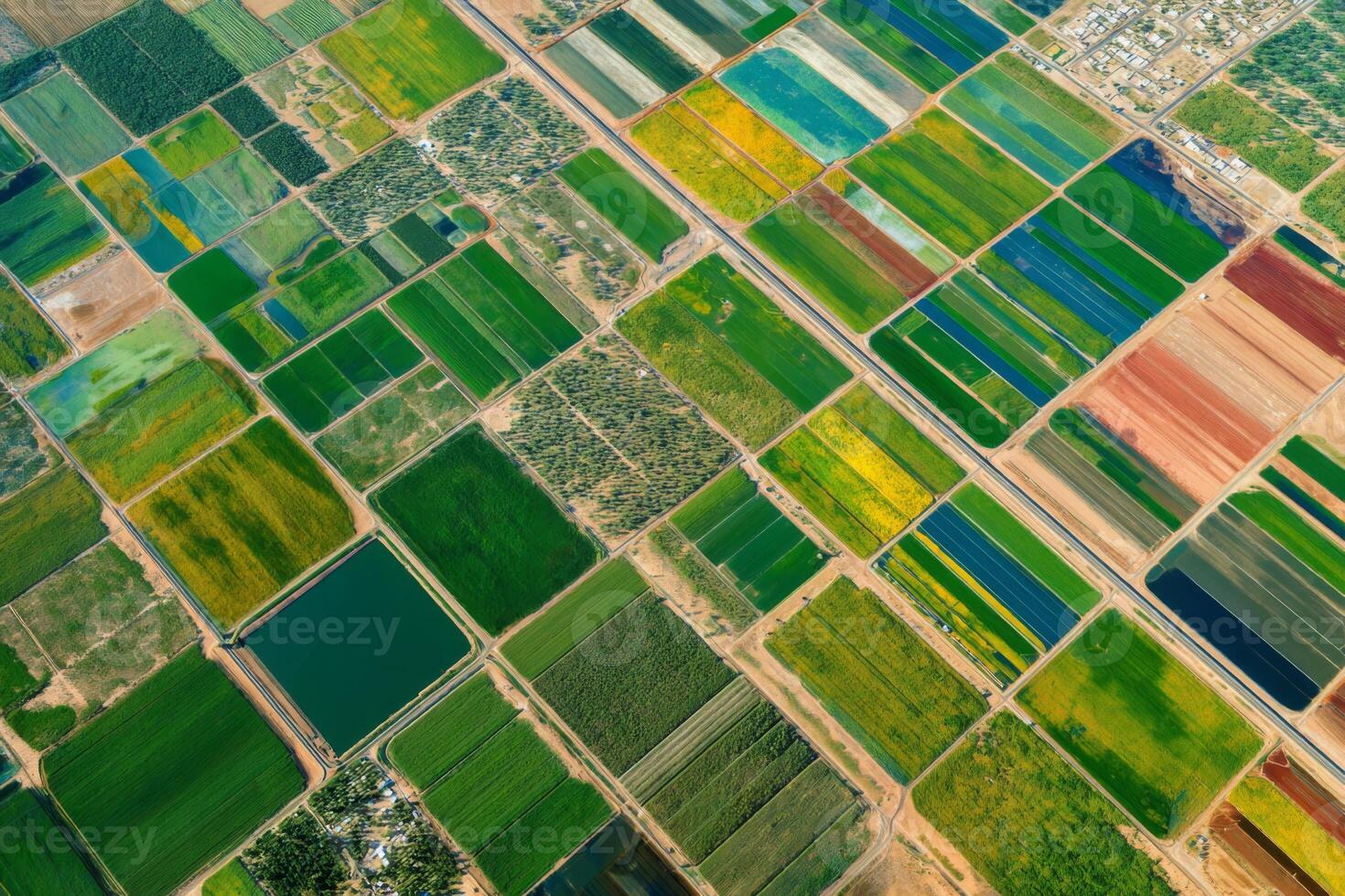 Colorful patches of farmland display a variety of crops in different stages of growth under bright sunlight. This aerial view captures the ecological diversity and farming practices photo