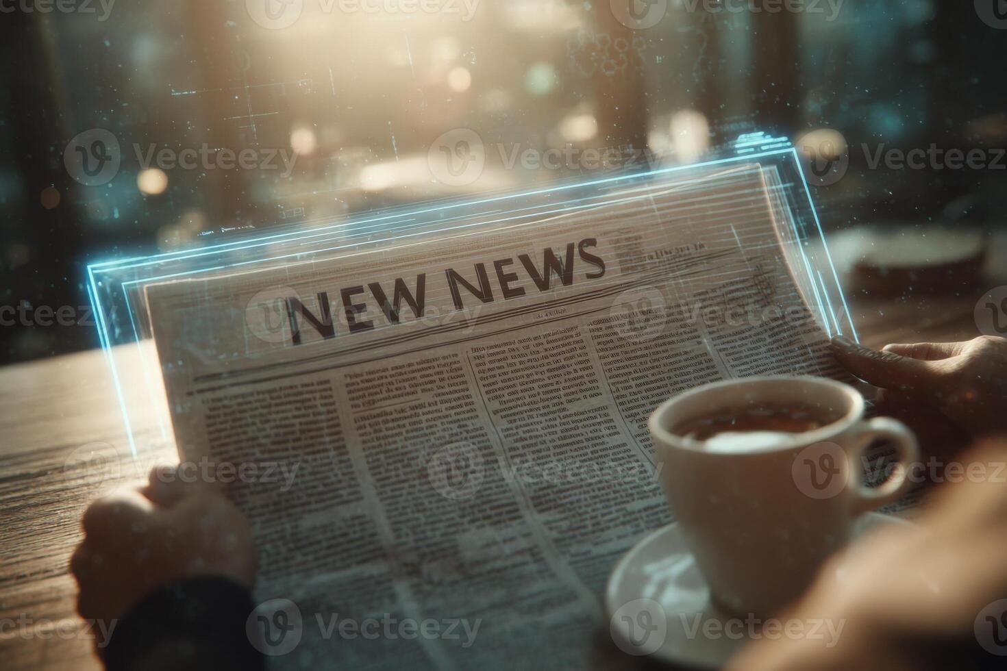 Individual holds a newspaper titled new news while sipping coffee in a warm and inviting cafe. Sunlight streams in, creating a pleasant atmosphere for reading and relaxation photo