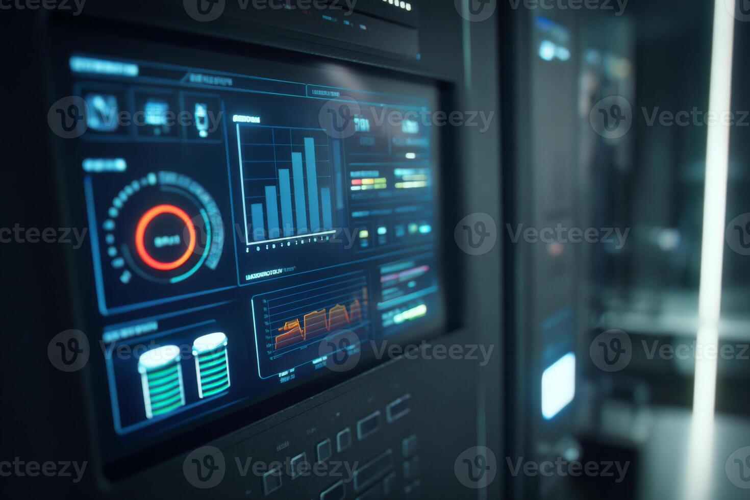 A high-tech dashboard features real-time data analysis with visual graphs and performance indicators in a modern technology workspace during a work session photo