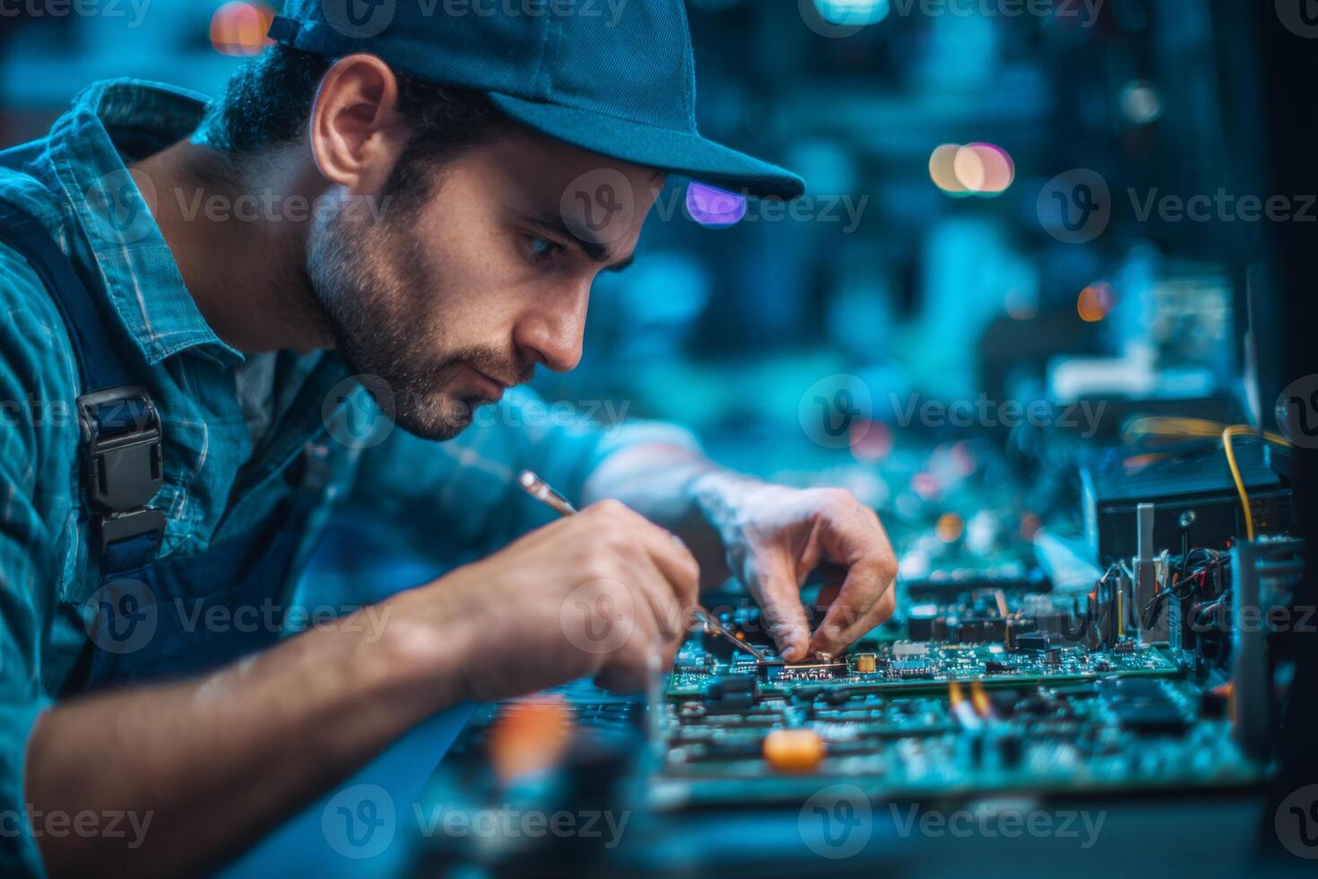 A focused technician works on a circuit board in a workshop illuminated by soft lights. The atmosphere is technical, showcasing intricate electronic components photo