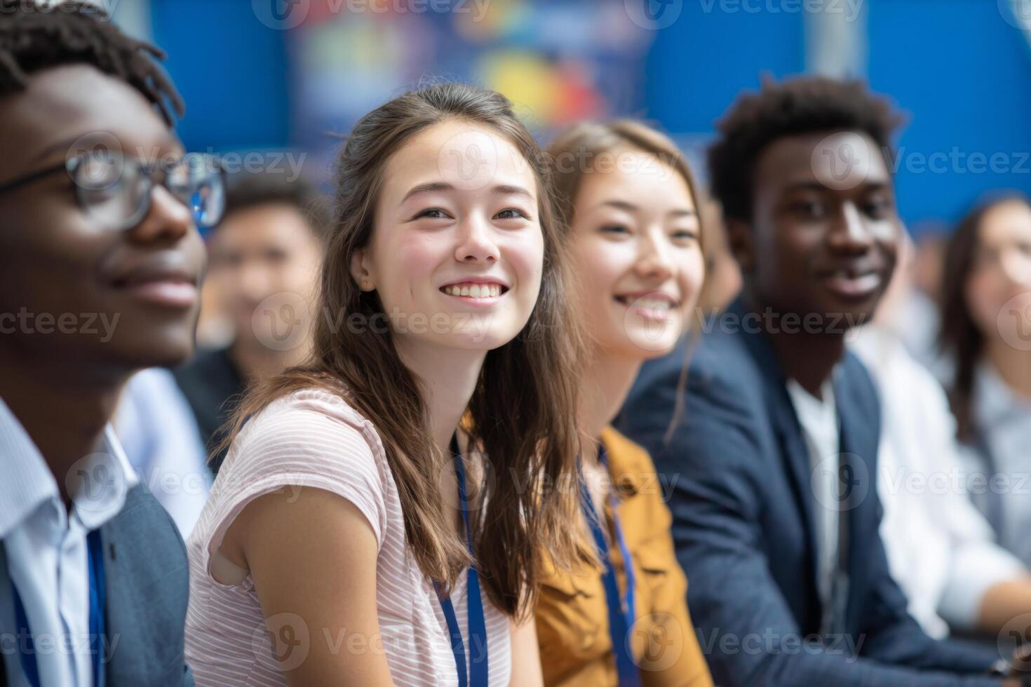 Young individuals are attentively listening and smiling while participating in an interactive workshop at an academic institution. The atmosphere is vibrant and encouraging photo