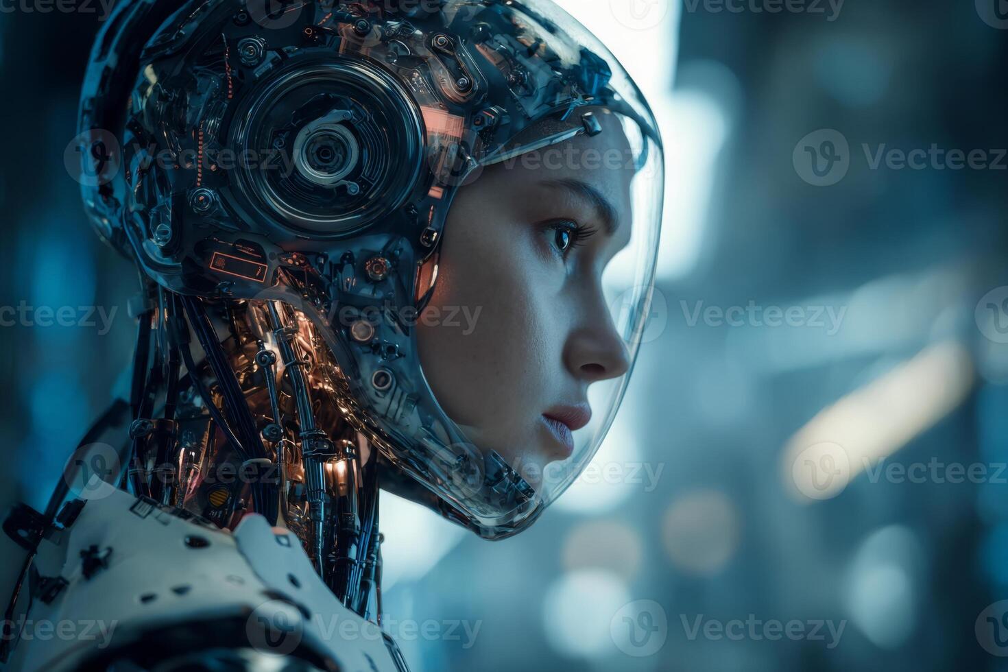 A humanoid robot stands in a high-tech setting, showcasing its complex internal mechanisms and futuristic design. The atmosphere is illuminated with soft blue lights, highlighting the details photo