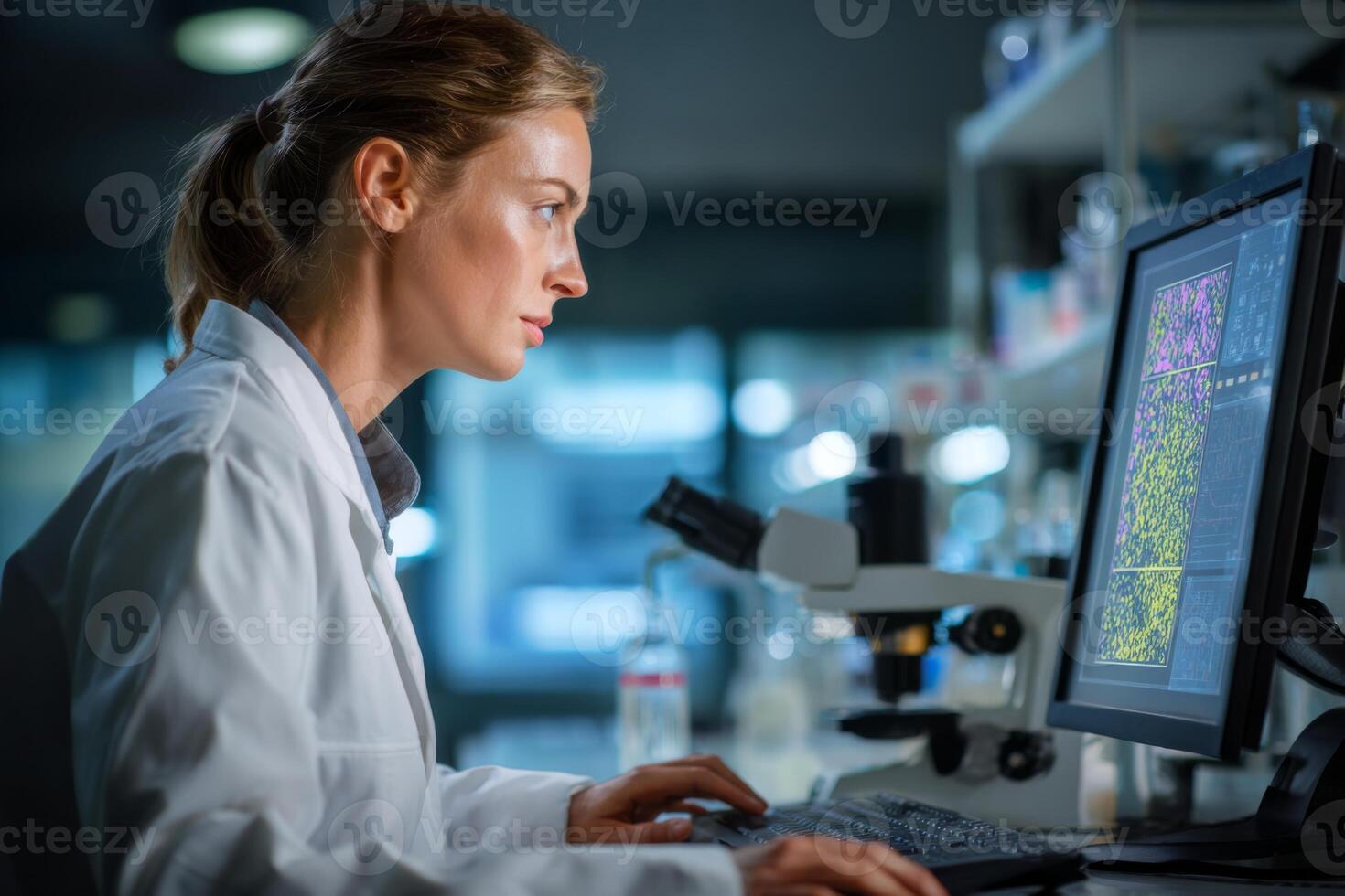 A scientist wearing a lab coat sits focused at a computer workstation in a laboratory. The room is dimly lit, creating an atmosphere of concentration while she analyzes data from a recent experiment photo
