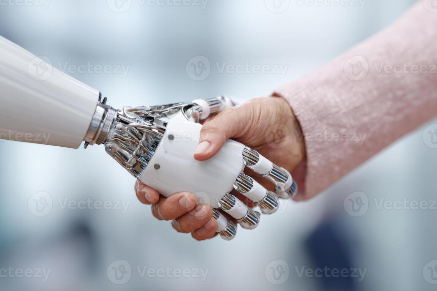 A humanoid robotic hand engages in a handshake with a human hand during a technology demonstration at a science exhibition. The setting features a bright, modern environment photo