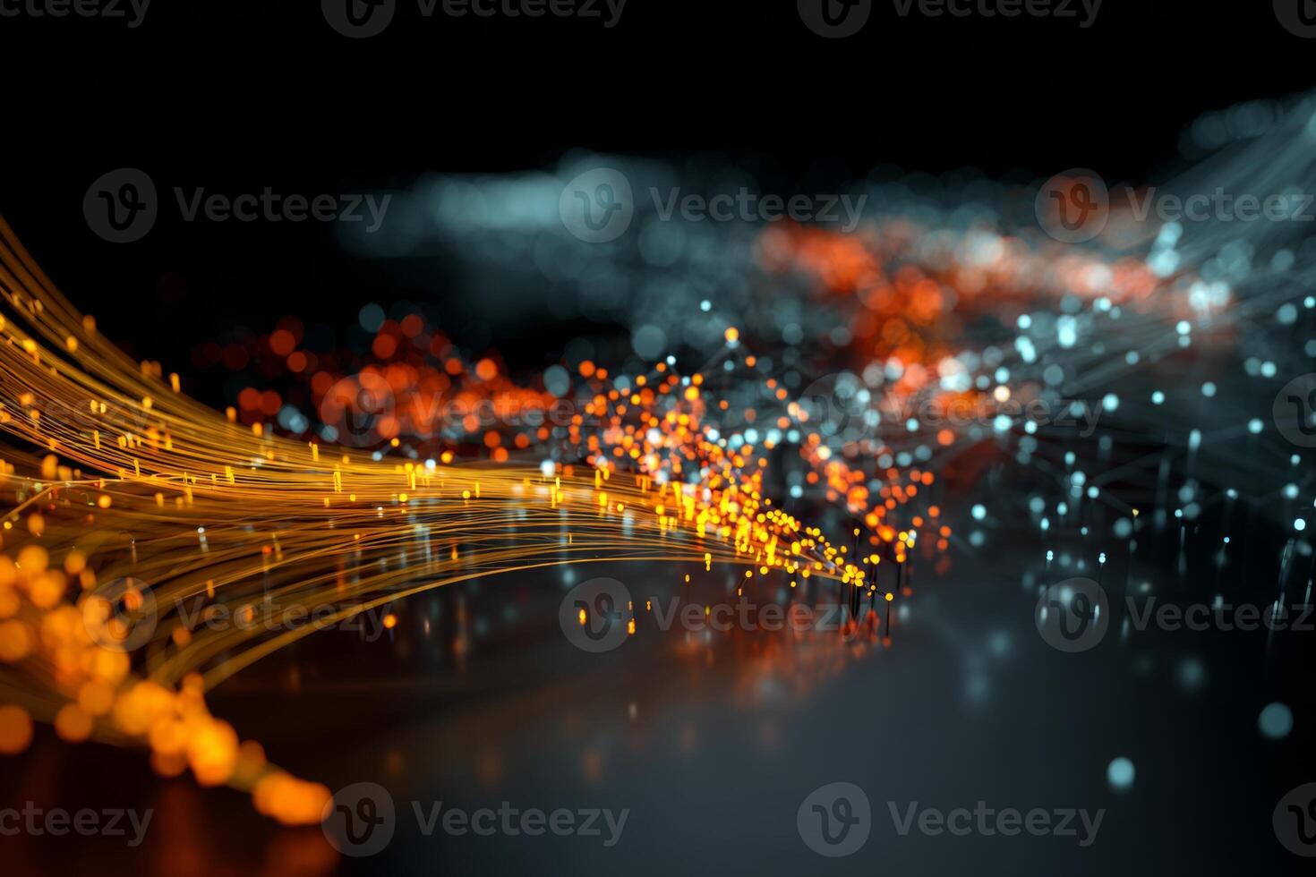 Vibrant waves of orange and blue lights move rhythmically across a dark background, creating a mesmerizing digital effect reminiscent of flowing energy photo