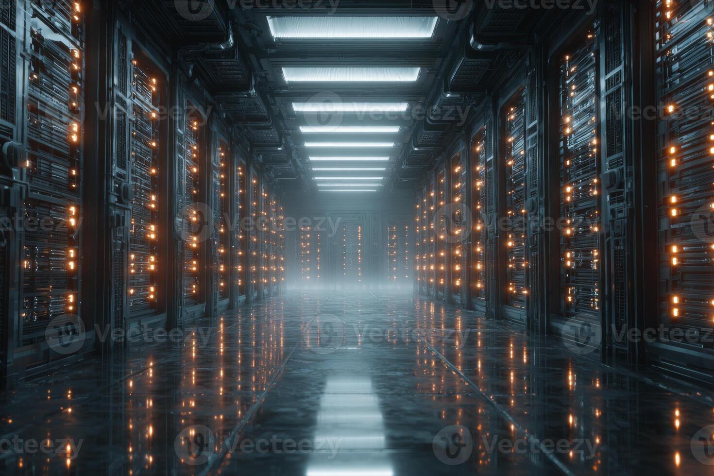 Rows of illuminated server racks form a high-tech environment in a dark corridor, showcasing the advanced technology and infrastructure of a modern data center photo