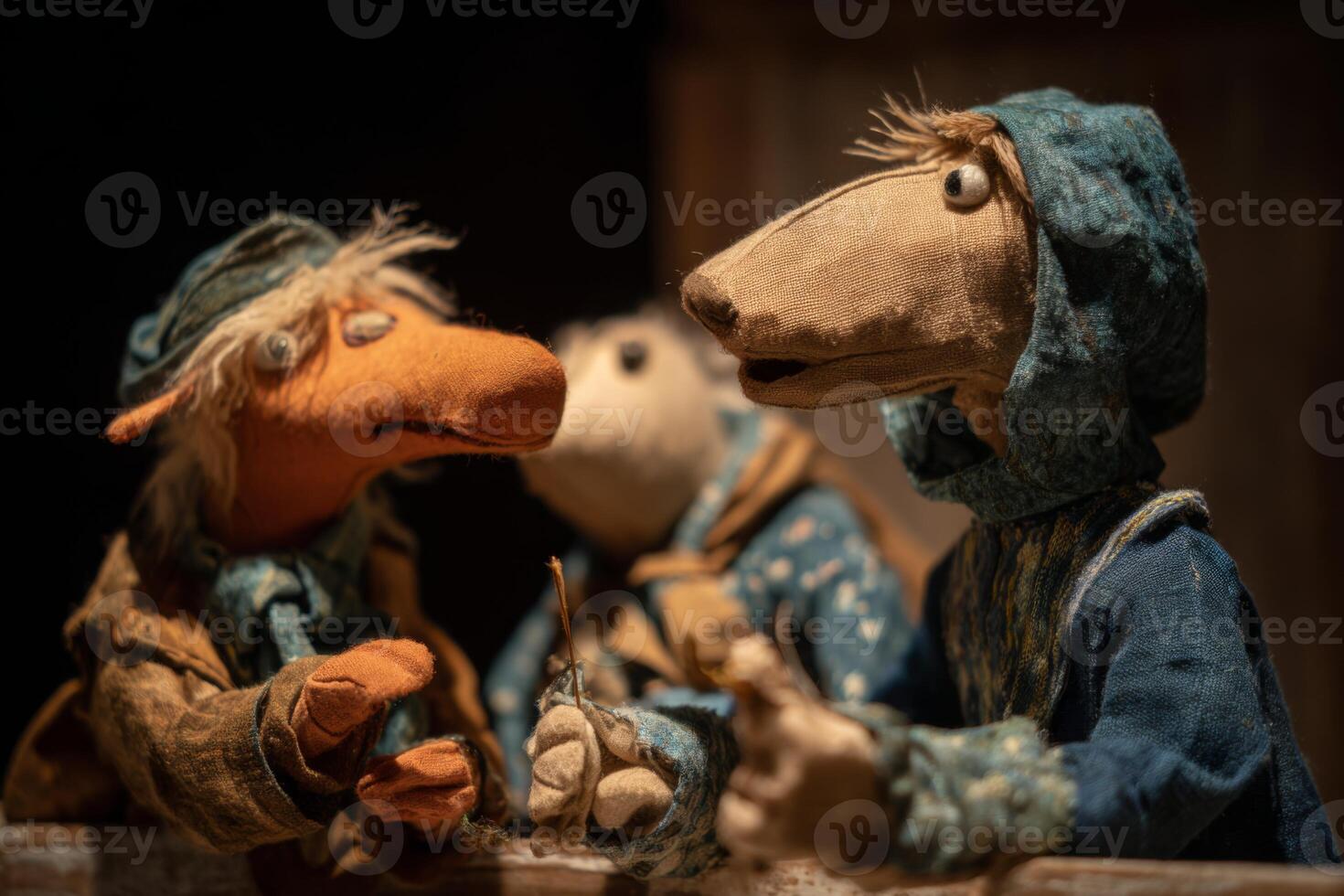 Puppets with distinct features interact animatedly, sharing stories in a warm, dimly lit indoor space. Their vibrant clothing adds charm to the captivating performance photo
