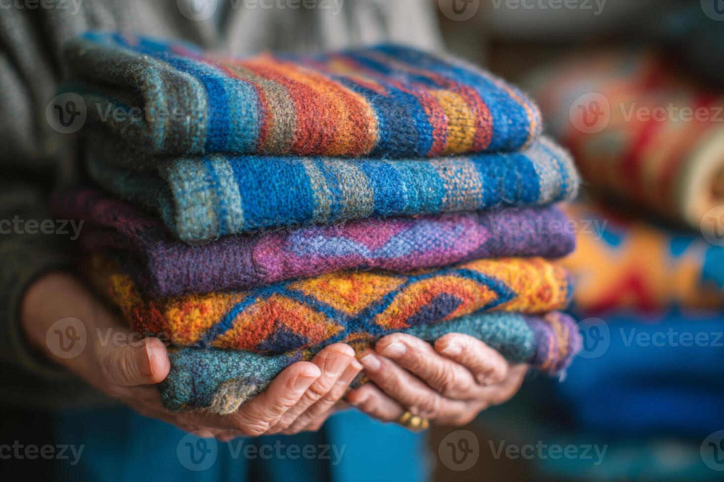 A person holds a carefully arranged stack of vibrant handmade textiles. The soft fabrics showcase various patterns and warm colors, highlighting the artisans craftsmanship at a local craft market photo