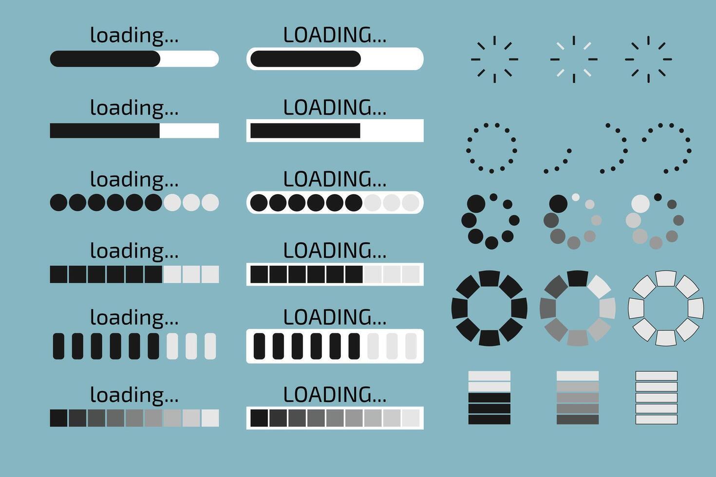 Set of Loading Progress Bars and Spinners. UI and UX Loading Indicators vector