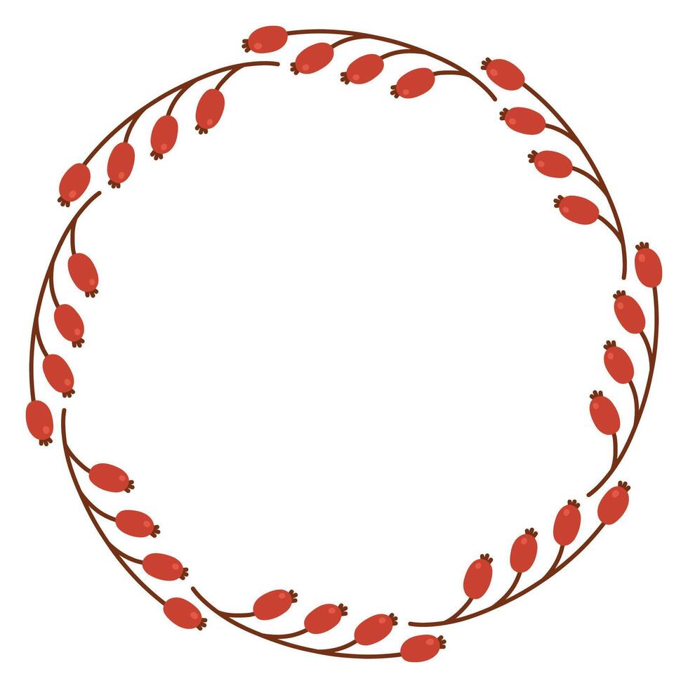 Autumn cute red berry circle frame. Round border made of fall berries. The berries have different shapes and are arranged in a circle. flat isolated on white background. vector