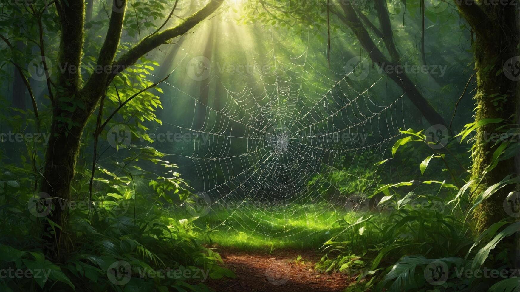 Serene forest scene with sunlight filtering through trees, highlighting a spider web in the background photo