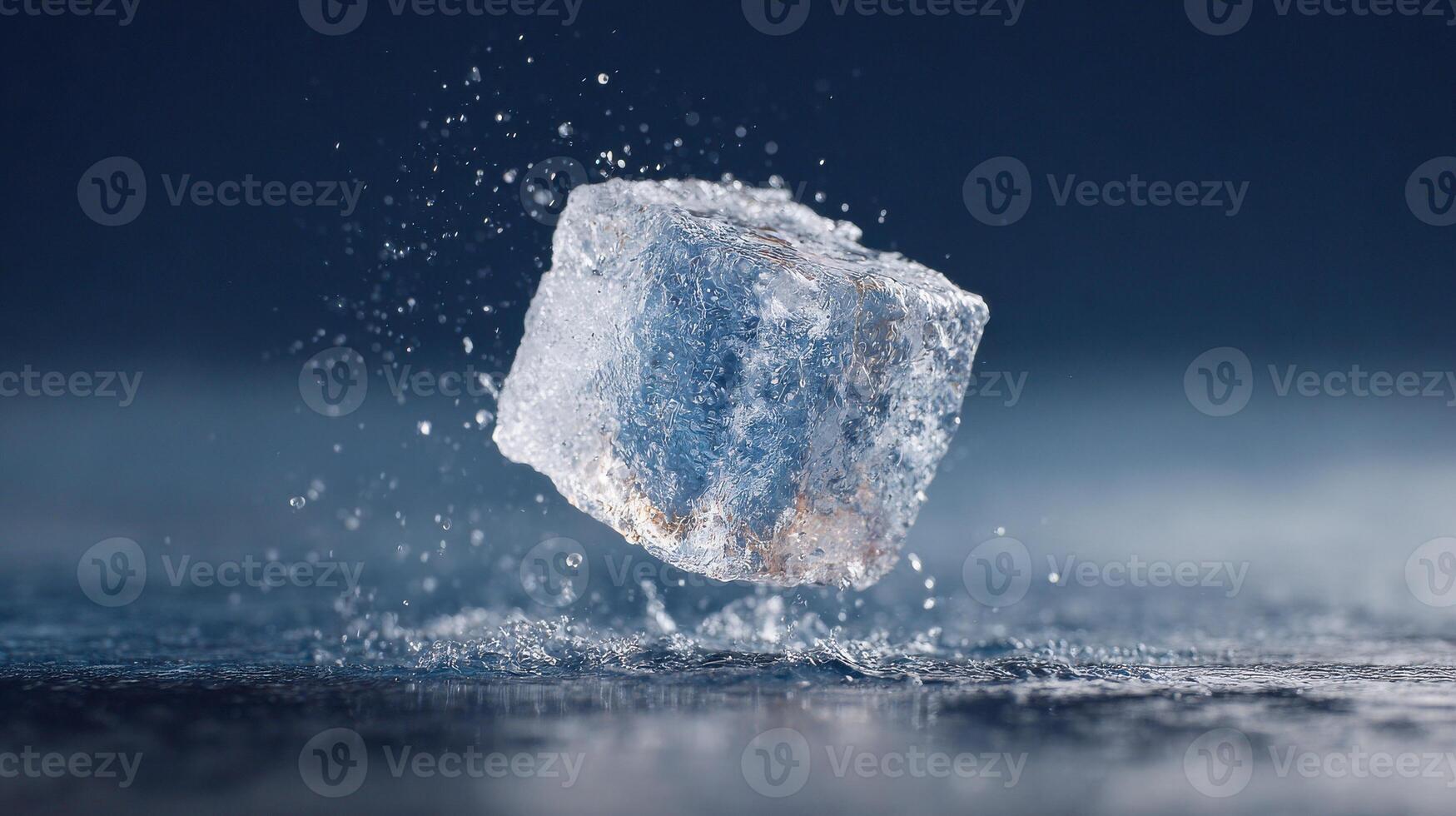 Ice Cube Splashing On Wet Surface With Water Droplets. Captures The Essence Of Freshness And Coolness photo