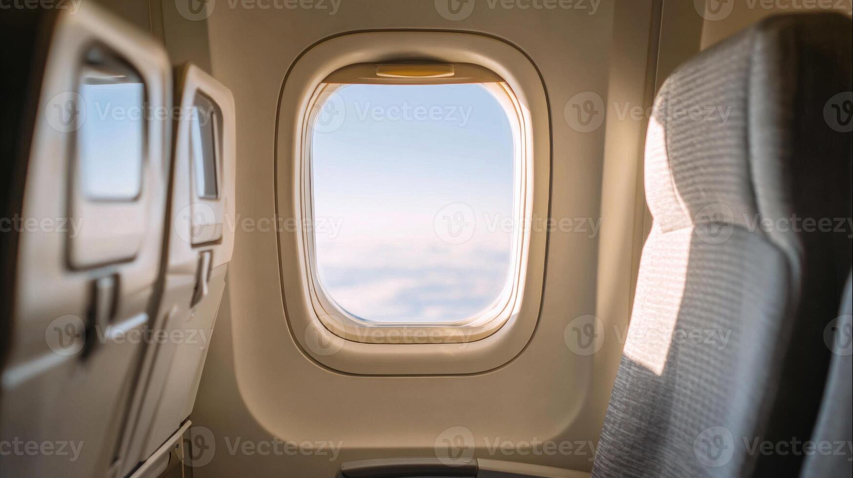 Airplane Window View With Empty Seats And Clear Sky. Experience Of Air Travel And In-Flight Comfort photo