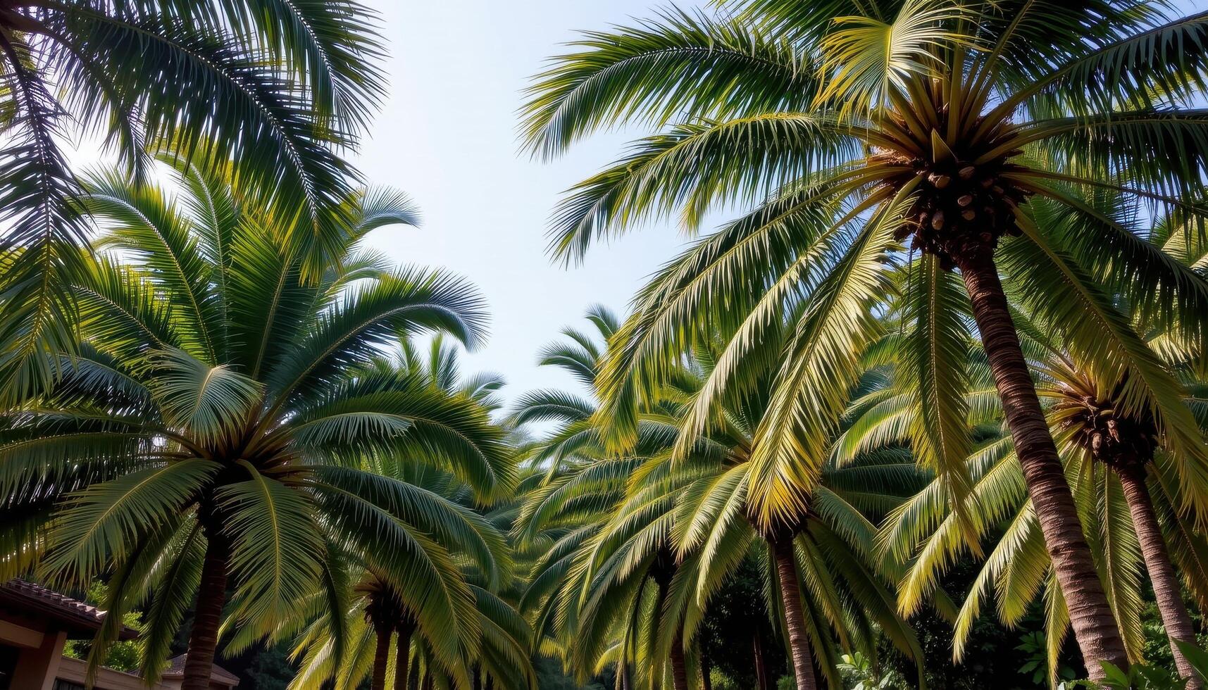 grove of palms with overlapping crowns, dense shade below, cool calm tropical setting. photo