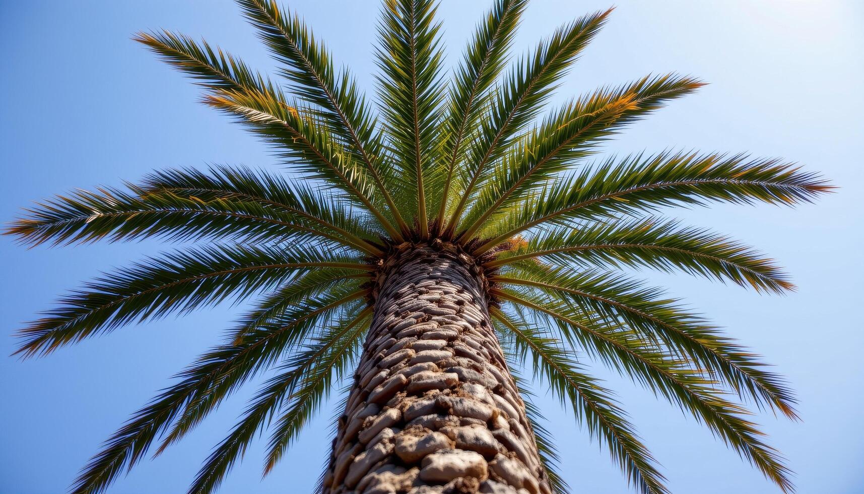 towering palm tree with rough trunk texture, wide crown swaying against clear open sky. photo