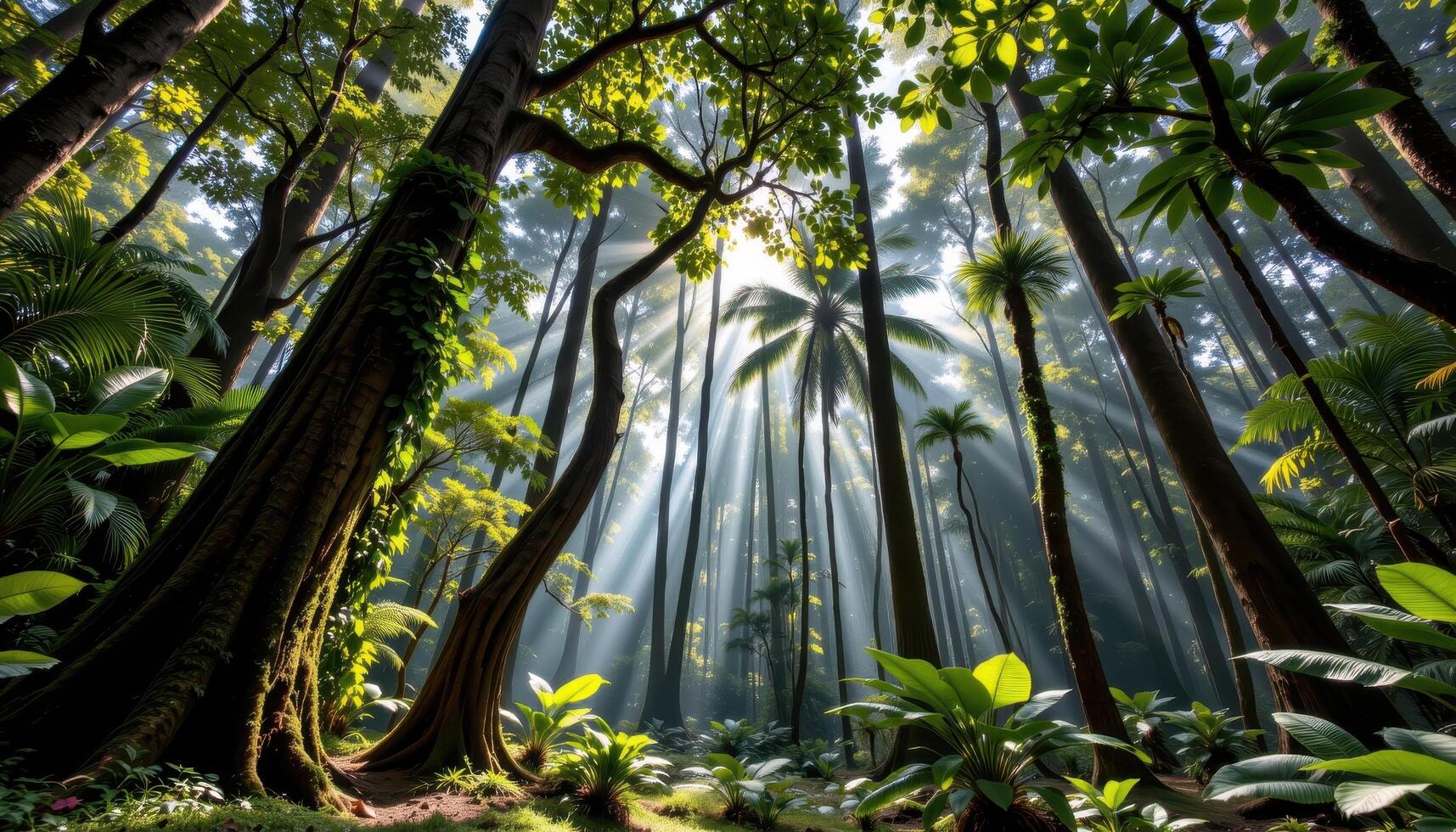 towering tropical trees with vines dangling, sunlight softly illuminating moss and ferns below in forest. photo