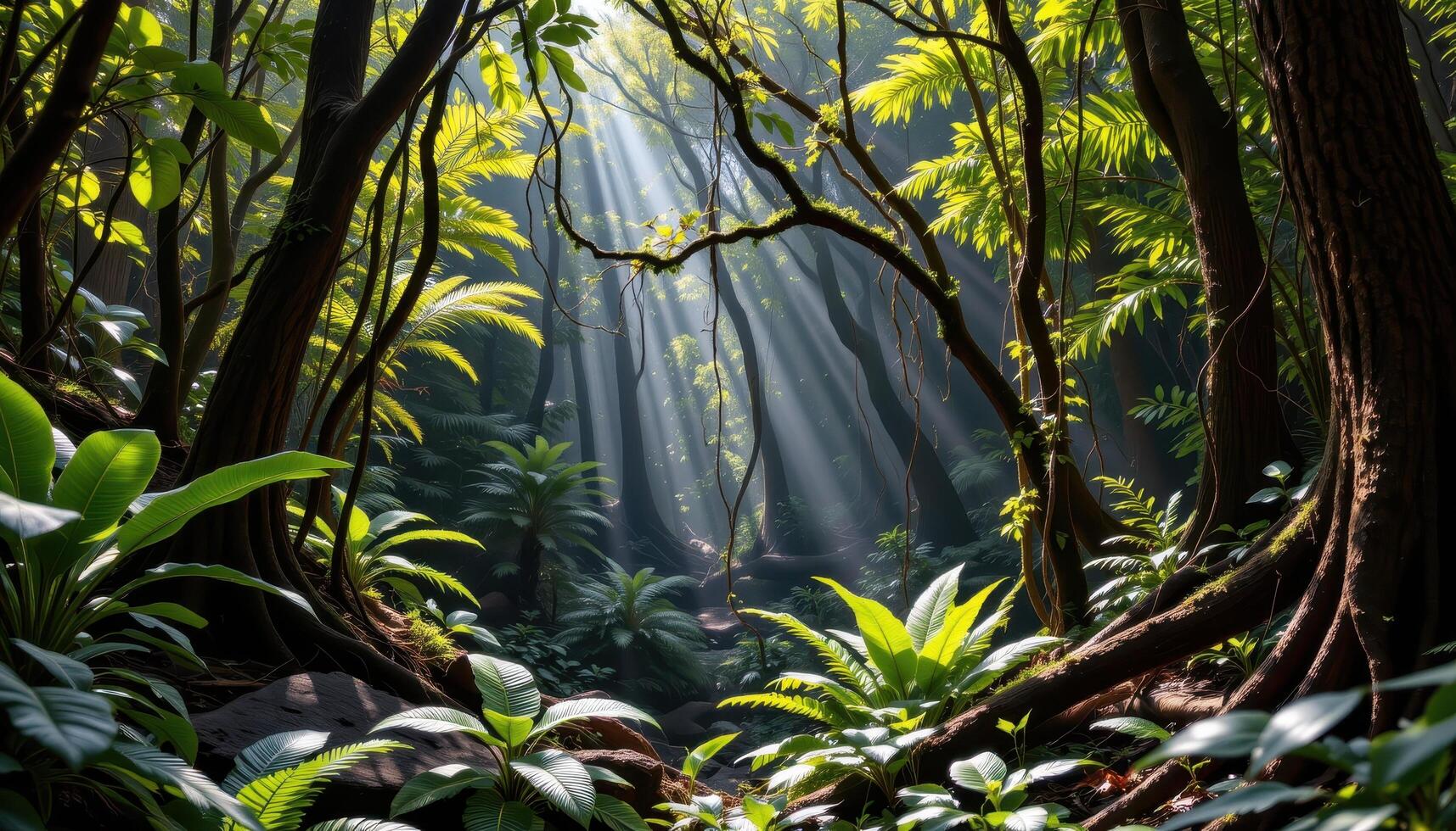 dense tropical forest with thick vines, ferns on the ground, and sunlight creating golden shadows. photo