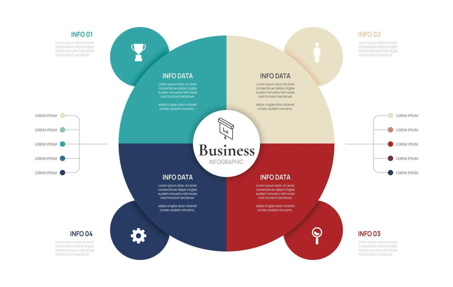 4 points circular business infographic element template with icons and Venn diagram colorful flat style, can use for presentation slide. vector