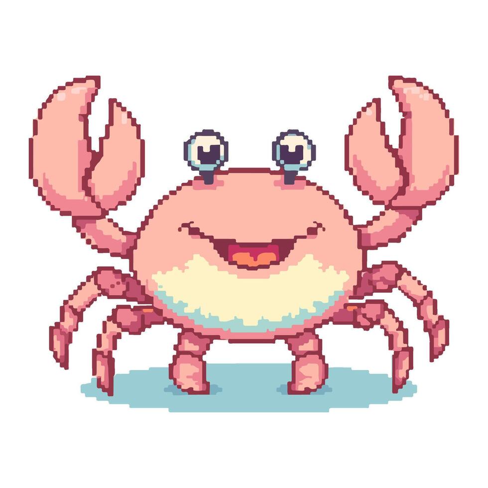 Pixel Crab Character with Big Claws and Happy Smiling Face vector