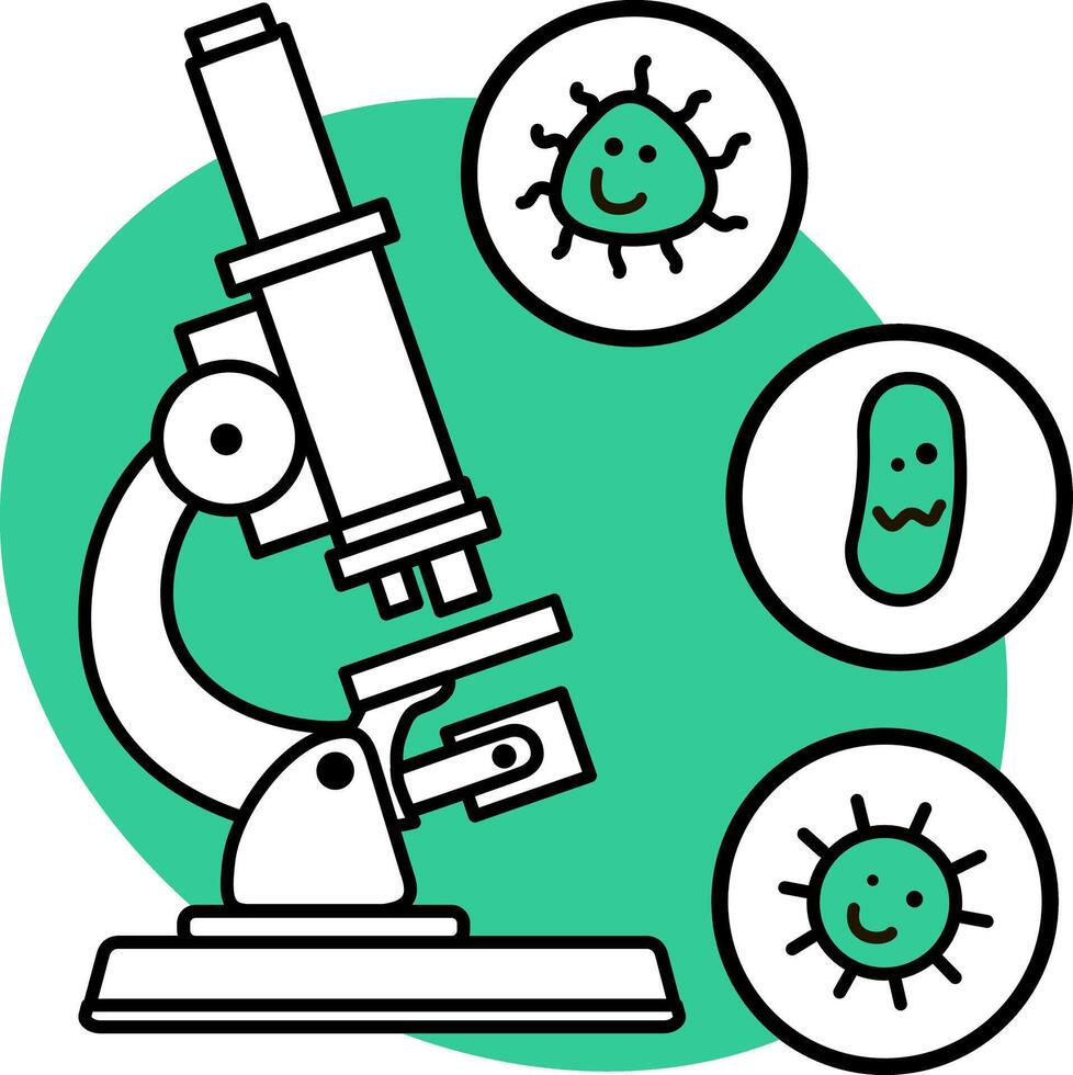 Microorganisms under microscope. Icon. Medical research of microbes concept. Lab tools for scientific experiment. Biochemistry and analysis vector
