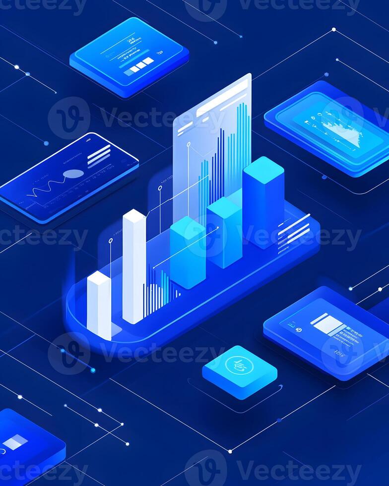 Colorful Digital Analytics Dashboard with Bar Graphs and Data Visualizations in Blue photo
