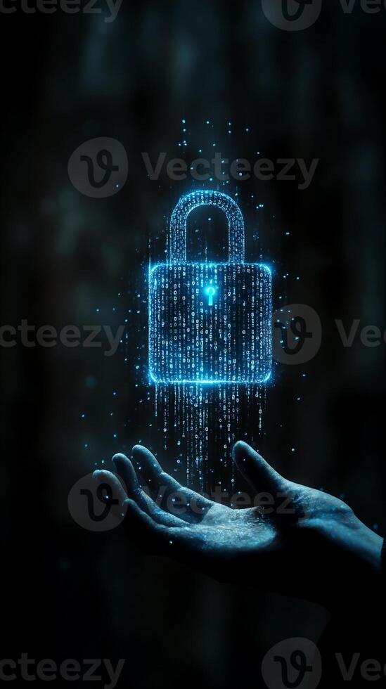 Digital Padlock and Hand with Binary Code photo