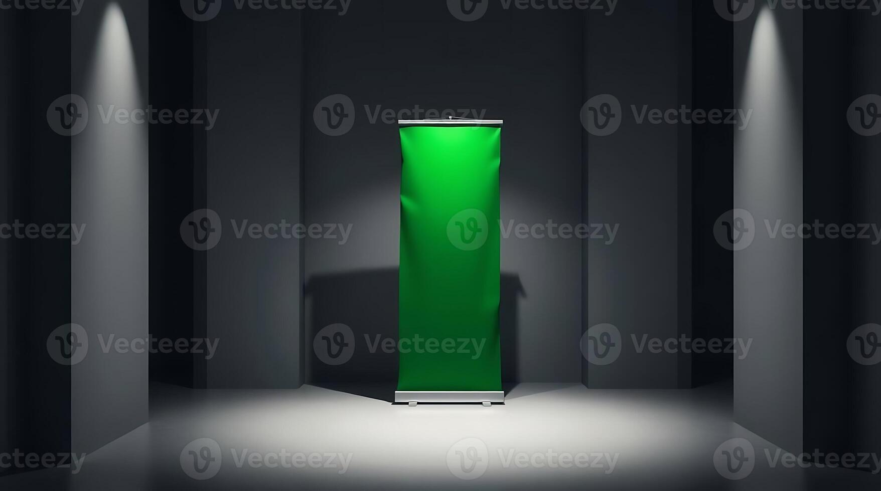 Showcase your brand's message with this striking green screen banner ready for custom design in a modern studio setting photo