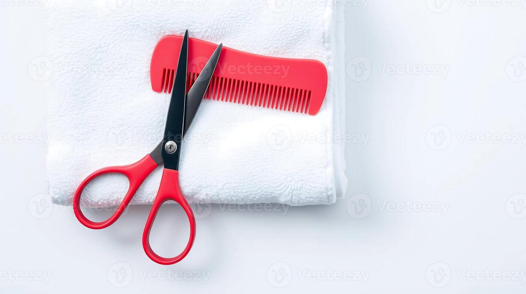 Styling essentials red comb and scissors atop soft white towel for grooming routines photo