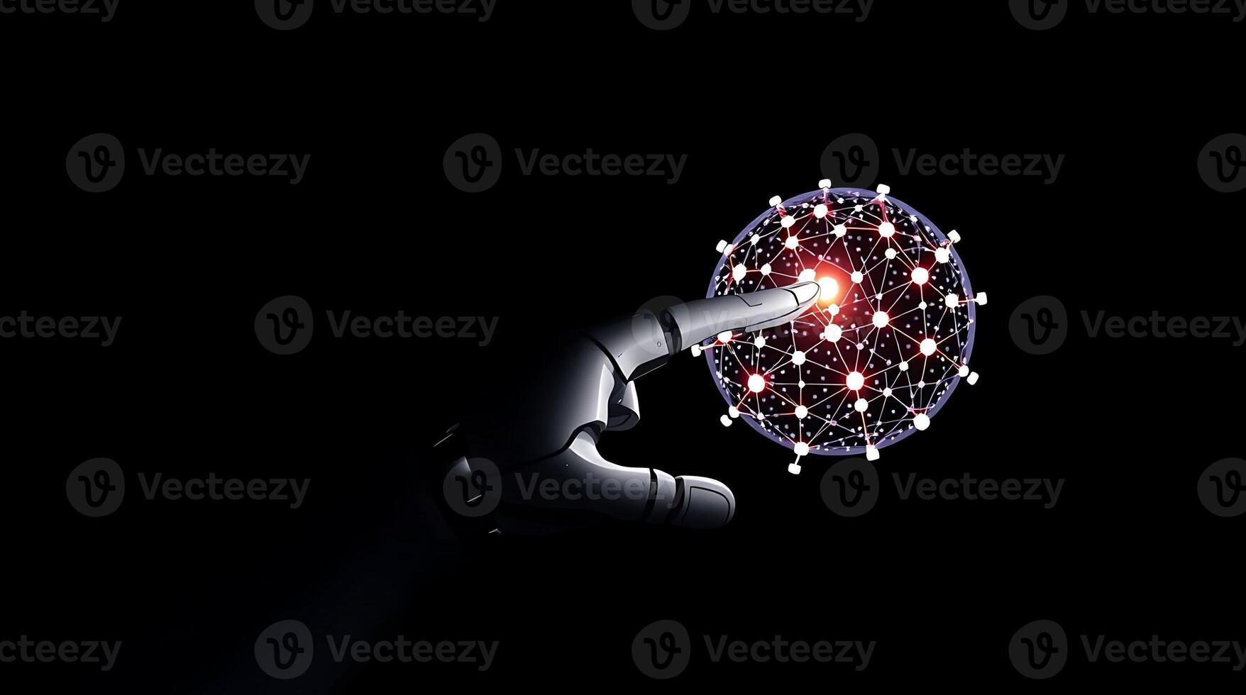 Robotic hand touching glowing network sphere representing innovation and global connection in the dark photo