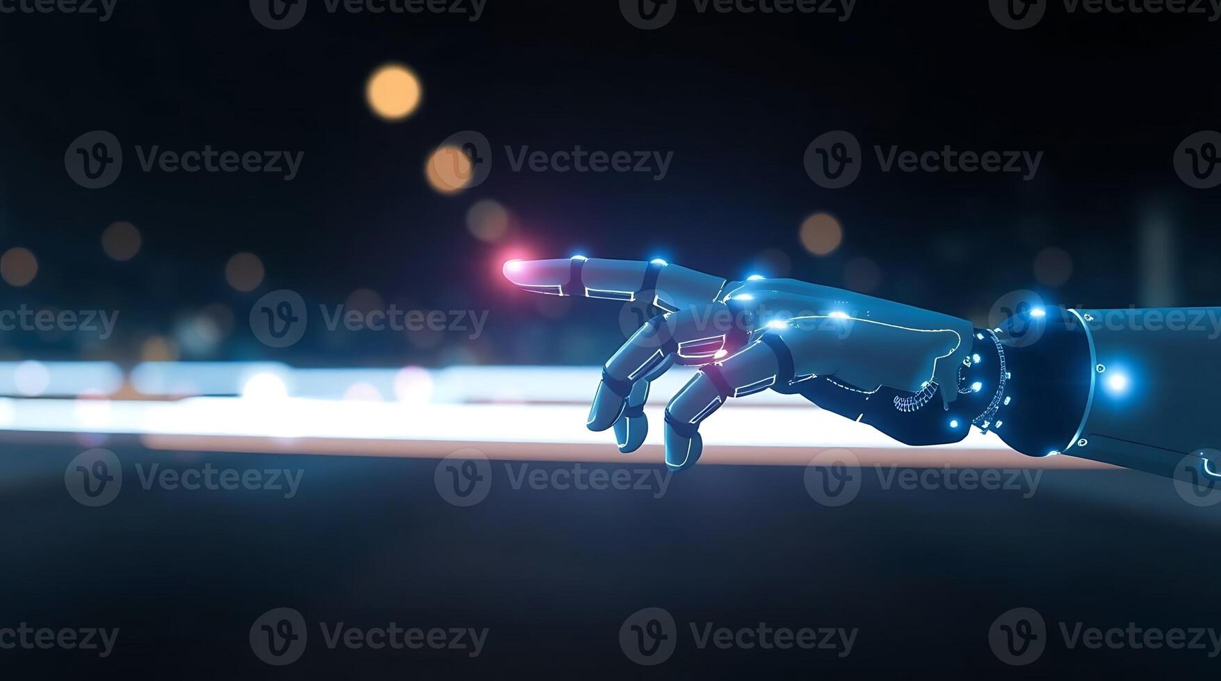 Futuristic robotic hand pointing with glowing fingertip in a technological, modern environment photo