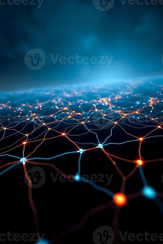 Dynamic network of glowing connections representing data flow and digital innovation on dark background photo