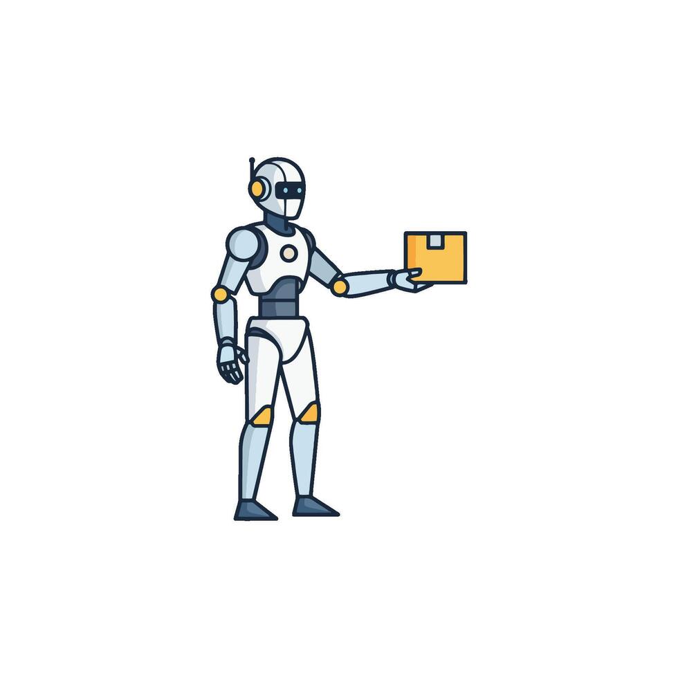 Humanoid android bot courier with a package, an AI assistant service for logistics, automation, artificial intelligence, and progress in robotics technology vector