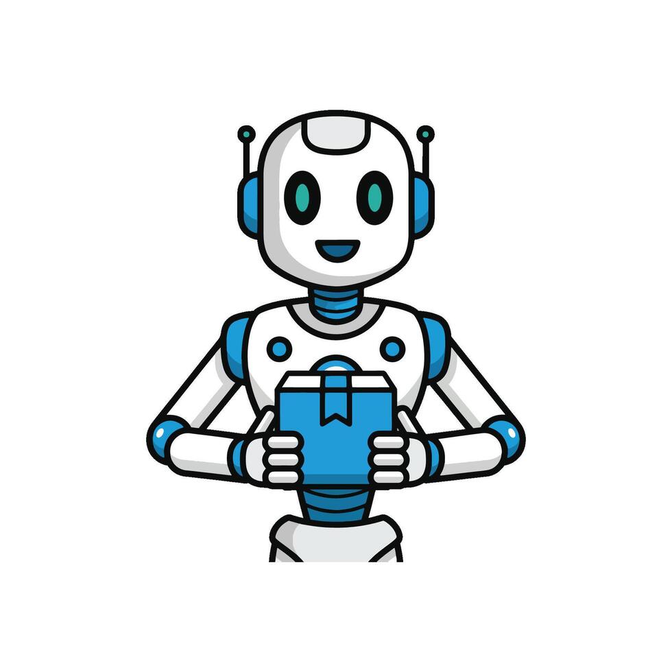 A friendly AI robot humanoid and android bot for courier delivery service. This smart assistant shows automation in shipping, logistics, and parcel progress with robotics technology vector