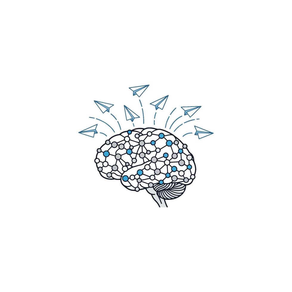 AI Brain clip art exploring Neural Tech and artificial intelligence. Futuristic anatomy of a mind for brainstorming, imagination, and robotics evolution vector