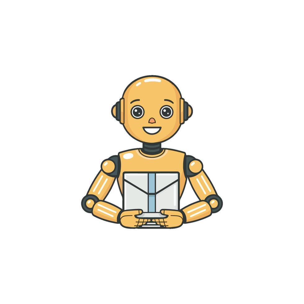 Friendly humanoid AI robot bot for package delivery service. This android courier shows automation in logistics, shipping, and artificial intelligence technology vector