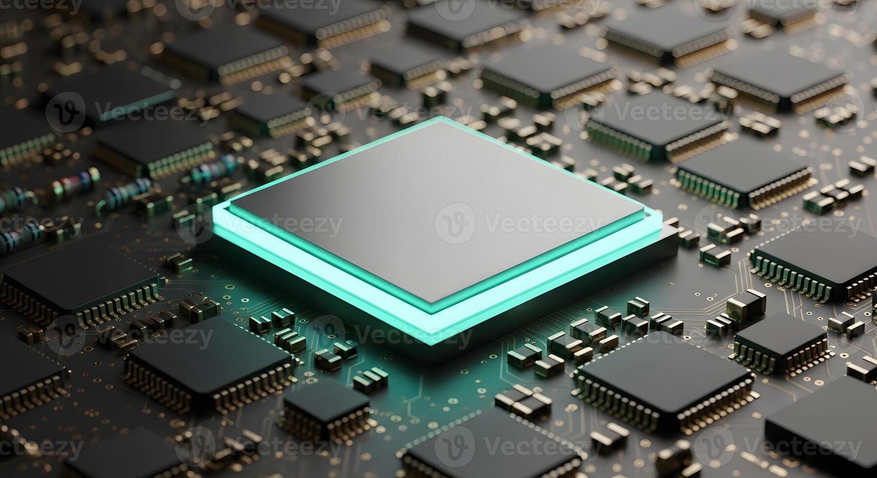 Close up of a glowing computer processor on a circuit board photo