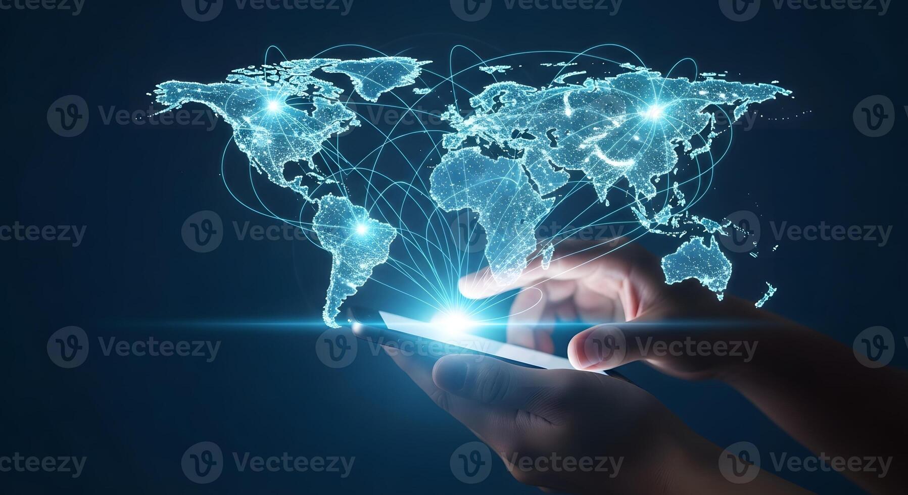 Global Network Connection Hands Using Smartphone to Access Worldwide Data photo