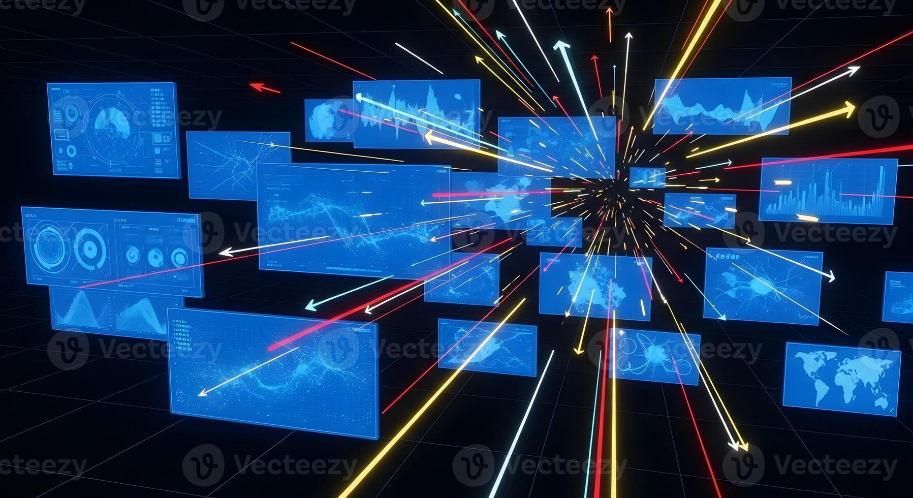 Futuristic Big Data Visualization Global Network of Screens with Arrows Showing Data Transfer and Connectivity photo