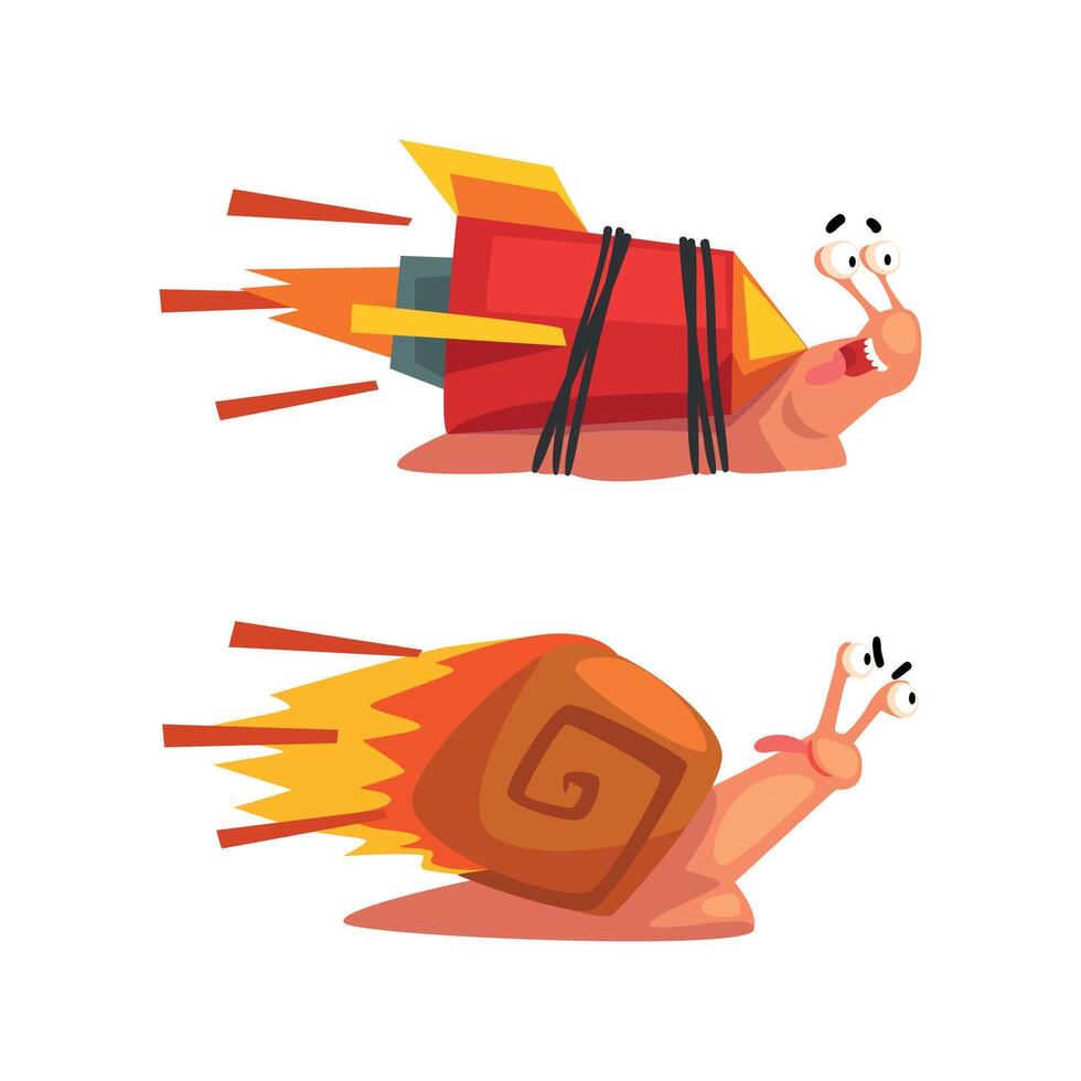 Set of Funny Fast Snails, Amusing Mollusk Character with Startup Rocket Cartoon Illustration vector