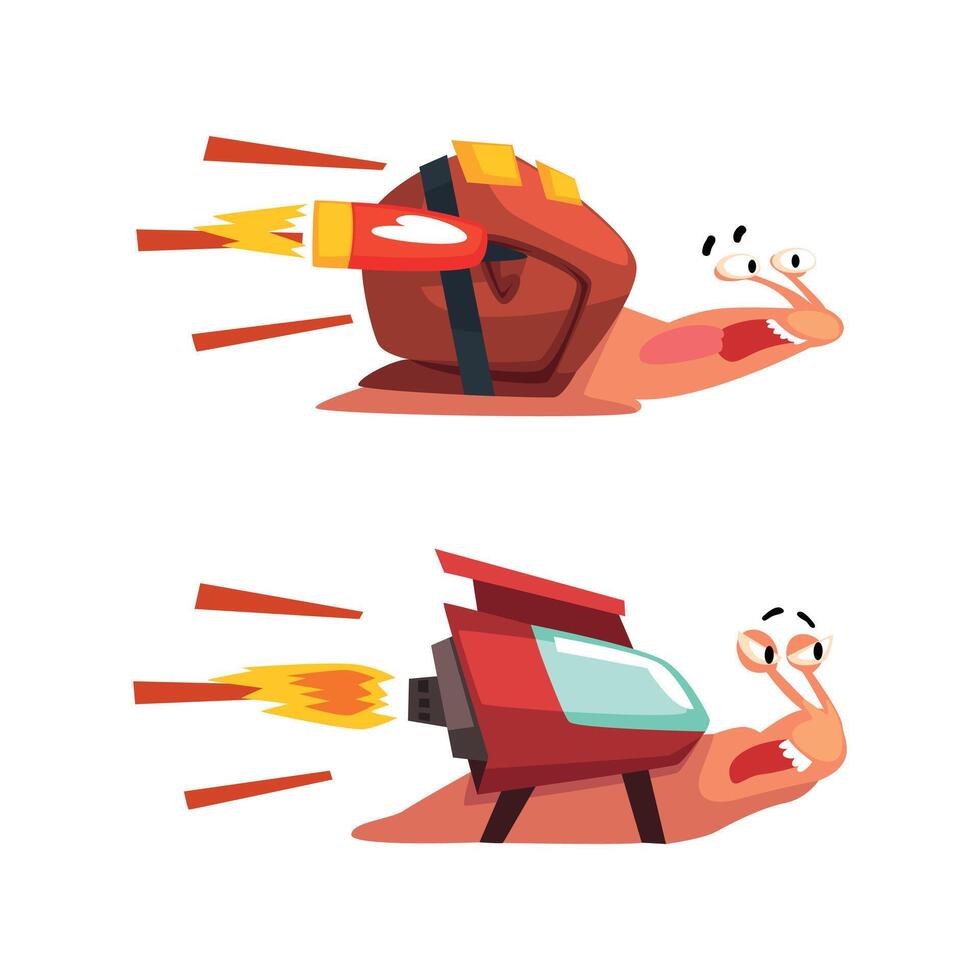 Set of Funny Fast Snails, Amusing Mollusk Characters with Rocket Turbine Cartoon Illustration vector