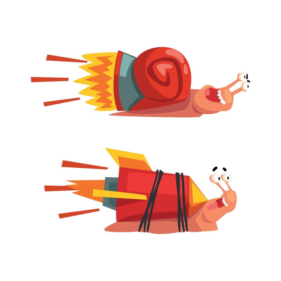 Set of Funny Fast Snails, Amusing Mollusk Characters with Turbo Rocket Speed Booster Cartoon Illustration vector