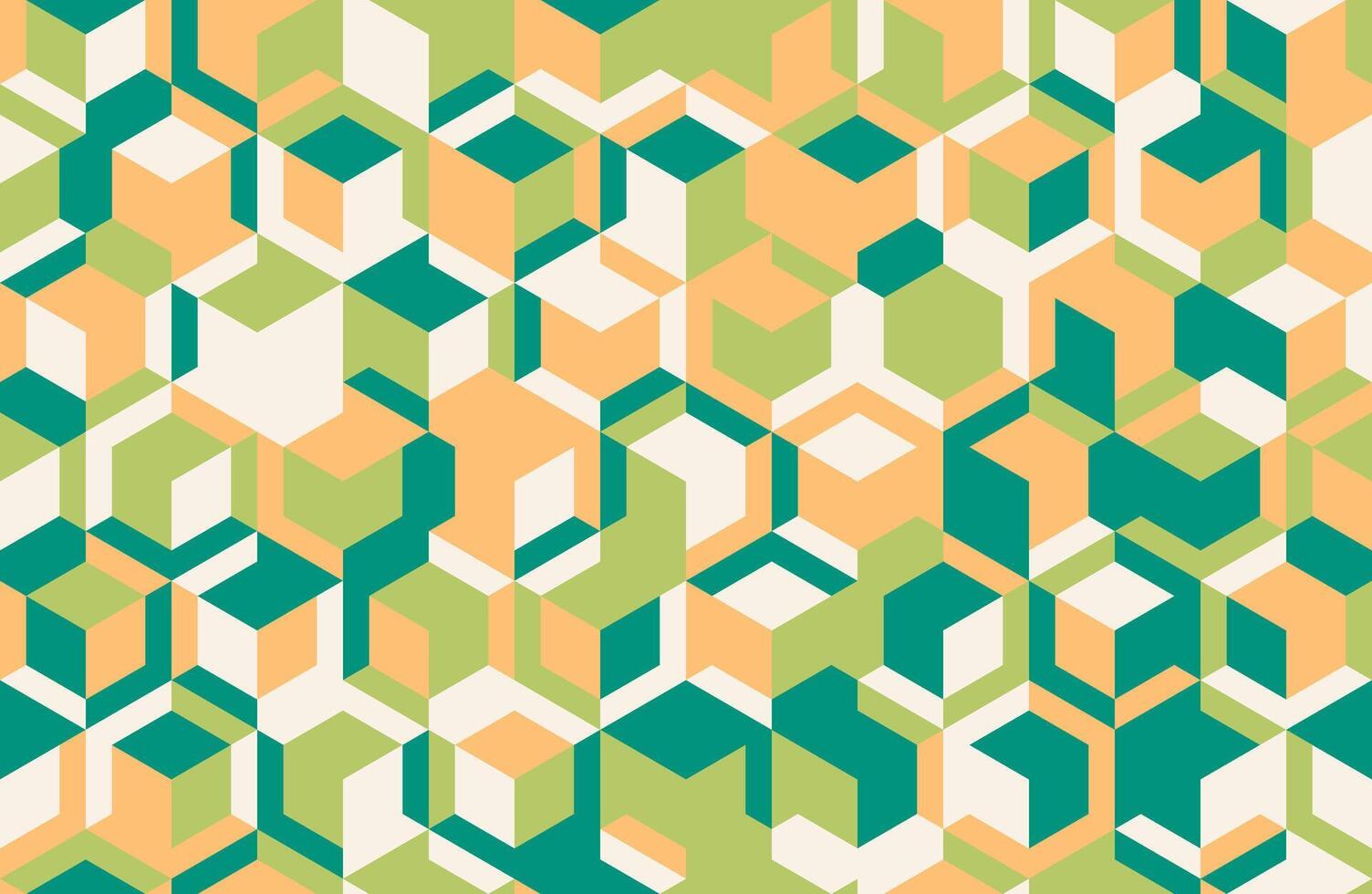 Abstract geometric pattern featuring a vibrant array of interlocking cubes in teal, peach, lime, and offwhite. Ideal for modern design projects, backgrounds, textiles, and website visuals. vector
